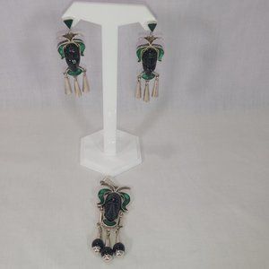 Mexico 925 Carved Onyx Tribal Mask Pendant and Pierced Earring Set
